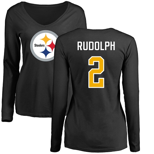 Women Pittsburgh Steelers Football #2 Black Mason Rudolph Name and Number Logo Slim Fit Long Sleeve Nike NFL T Shirt